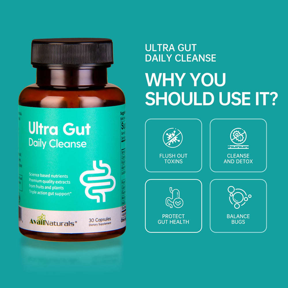 Dose guide for AvailNaturals Ultra Gut Daily Cleanse: 2 capsules daily with meals