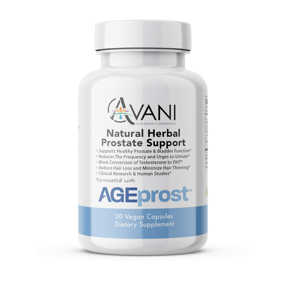 Avani Health AGEprost bottle front view highlights natural prostate support.