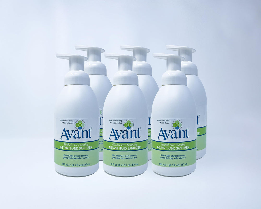 Avant alcohol-free foaming sanitizer bottle shows quick protection for hands.