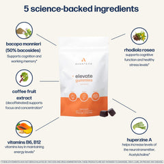 Avantera Elevate gummies packaging emphasizing decaffeinated, sugar-free formula