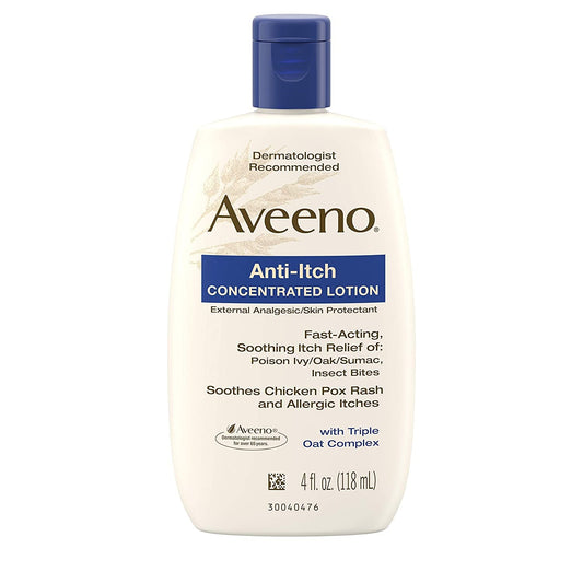 Aveeno Anti-Itch Lotion bottle front suggests soothing itch relief for dry skin.
