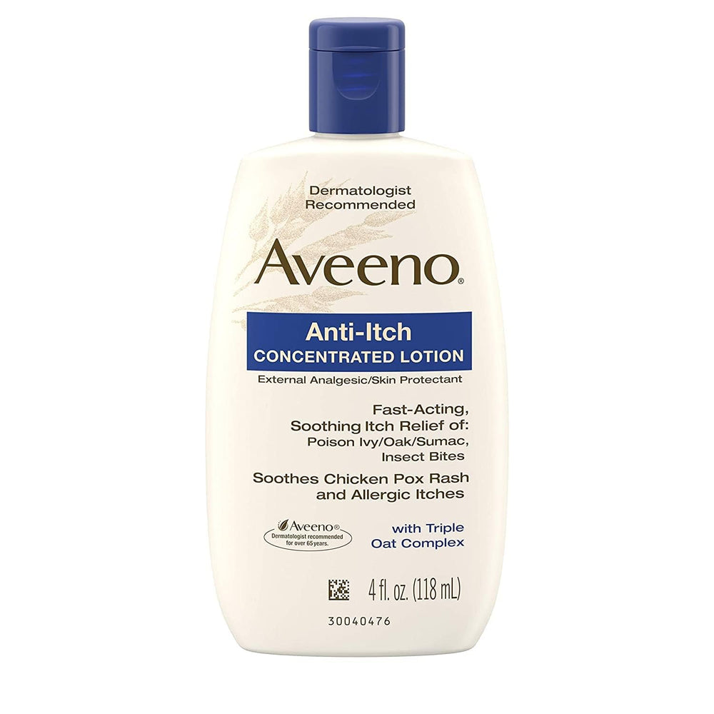 Aveeno Anti-Itch Lotion on bathroom counter ready for use for itch relief