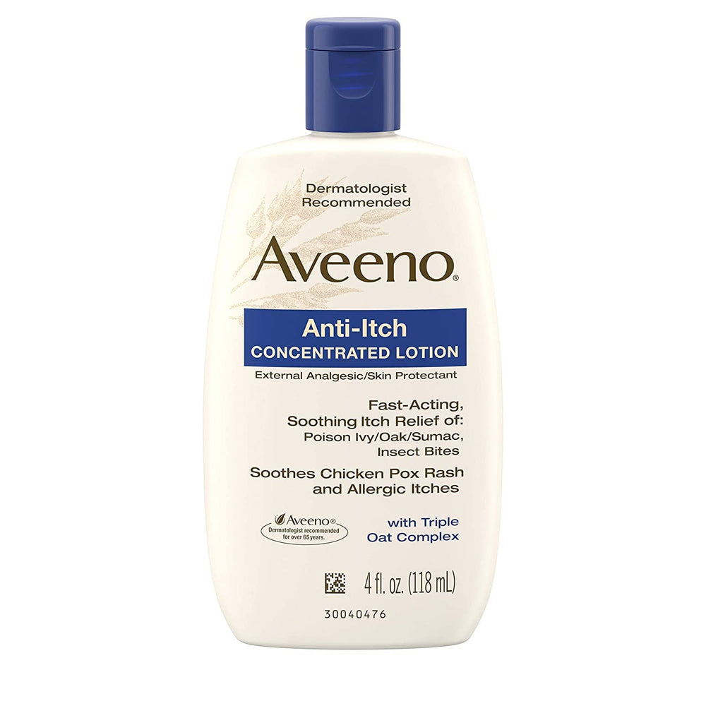 Aveeno Anti-Itch Lotion weeping rash image implies drying and soothing action.