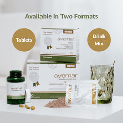 Avemar bottle on wooden surface conveys premium wellness routine.