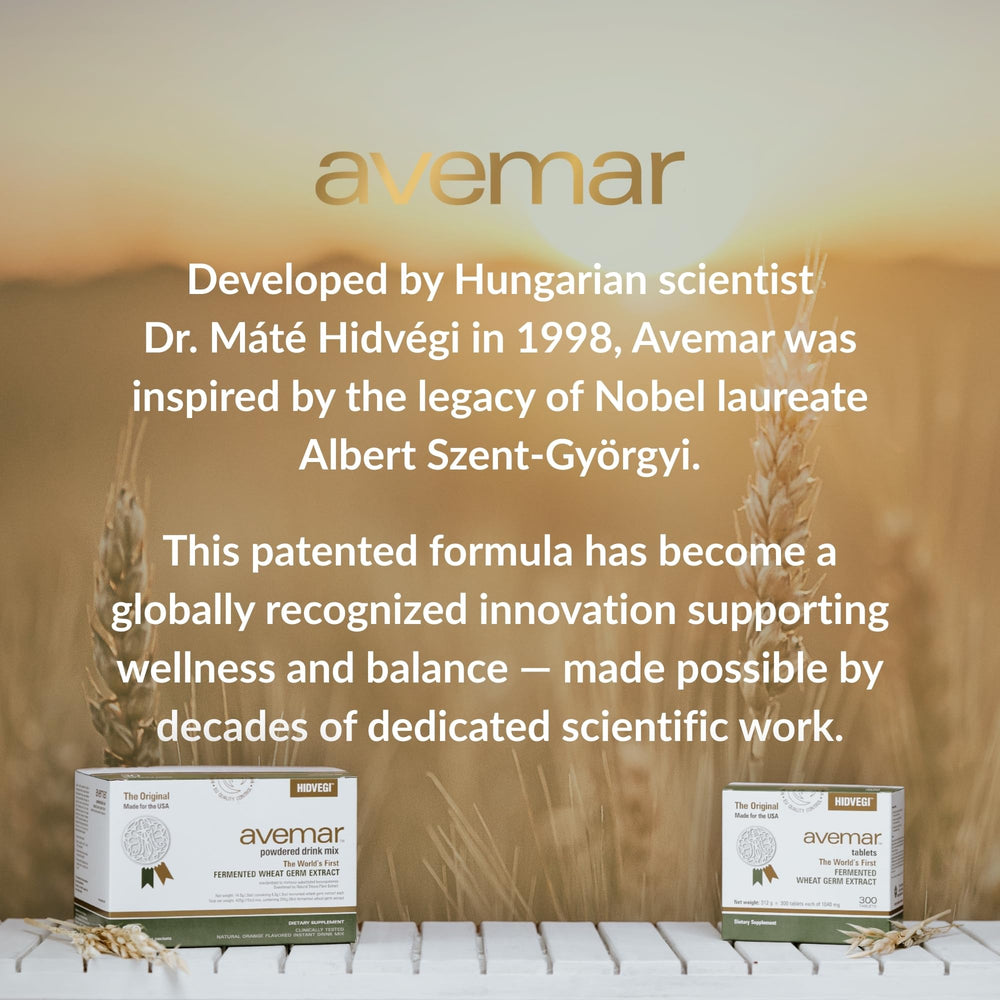 Avemar fermented wheat germ tablets pack emphasizes vegetarian, gluten-free formulation for everyday wellness.