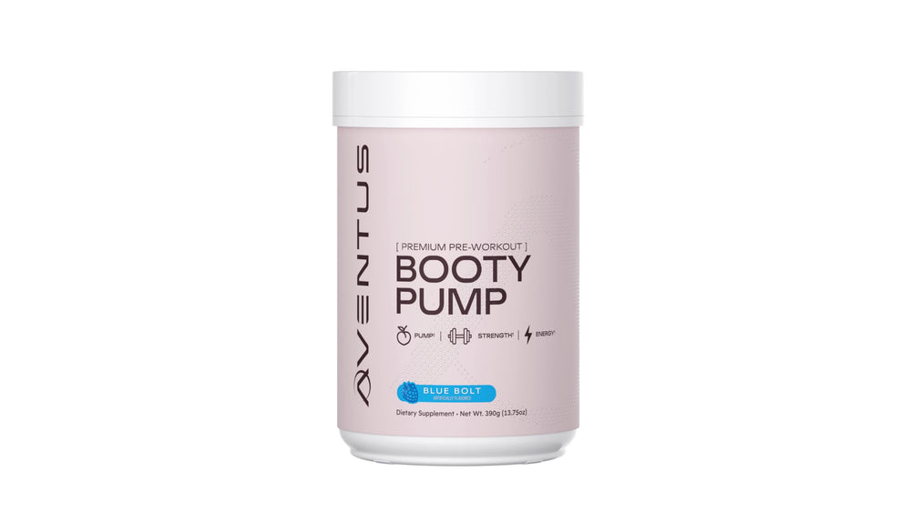 Aventus Booty Pump pre-workout bottle highlighting strong pumps and sustained energy.