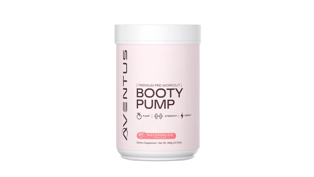 Aventus Booty Pump Watermelon tub ready to mix for a quick pre-workout boost.