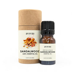 Avivni Australian Sandalwood oil bottle close-up for pure aromatherapy