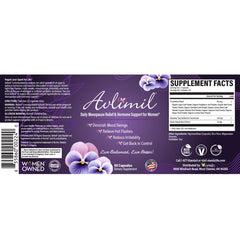 Avlimil Hormone Balance product label close-up showcasing natural ingredients for menopause relief.