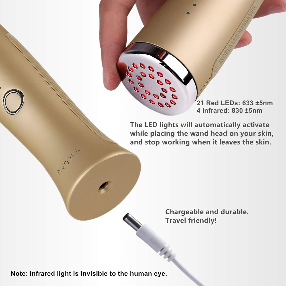 Avorla Red Light Facial Wand in gold on the face for soothing light exposure.