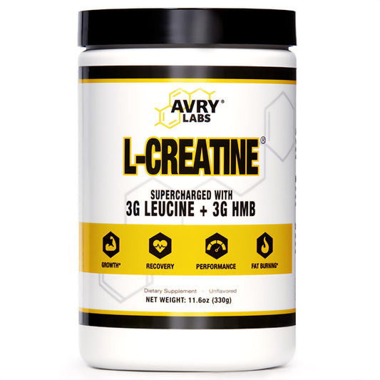 Avry Labs L-CREATINE bottle front showing vegan performance support and design.