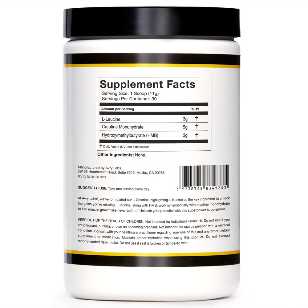 Avry Labs L-CREATINE in a gym setting signaling performance-focused support during workouts.
