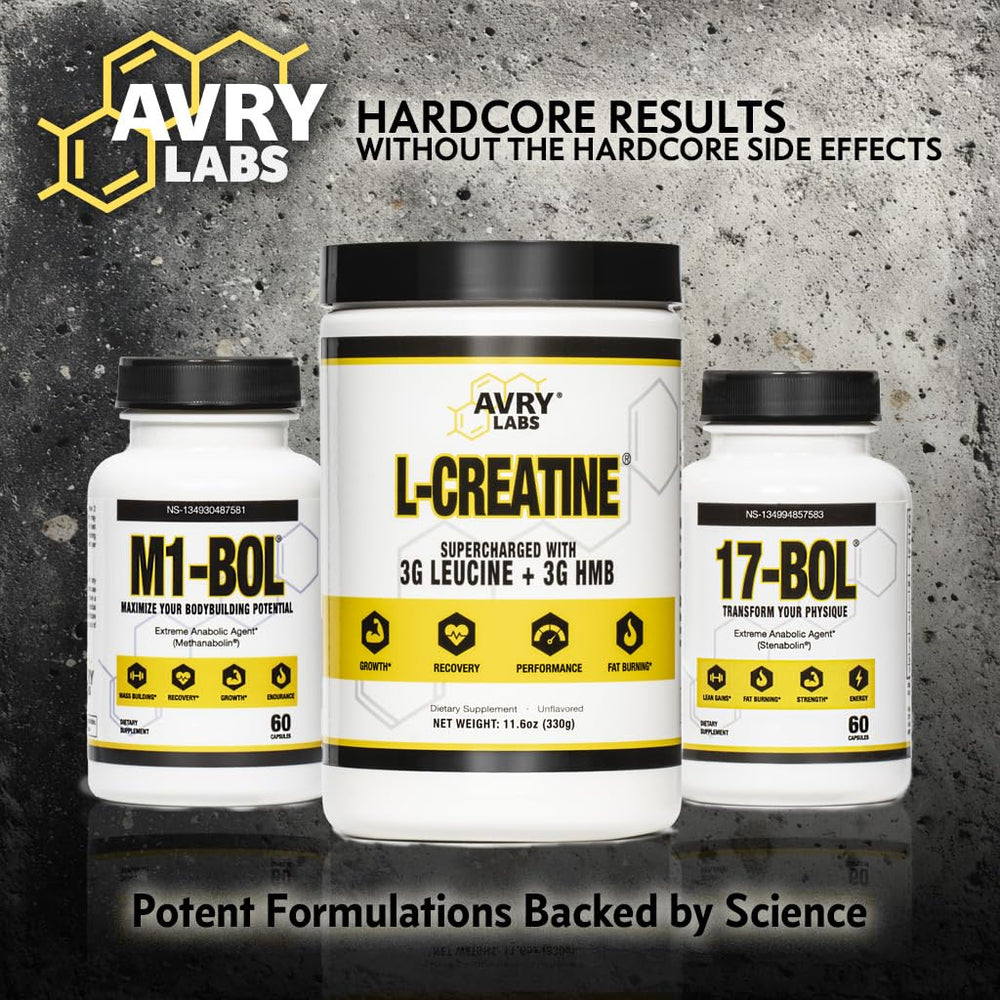 Avry Labs L-CREATINE vegan-ingredients label communicates plant-based design for lean muscle goals.