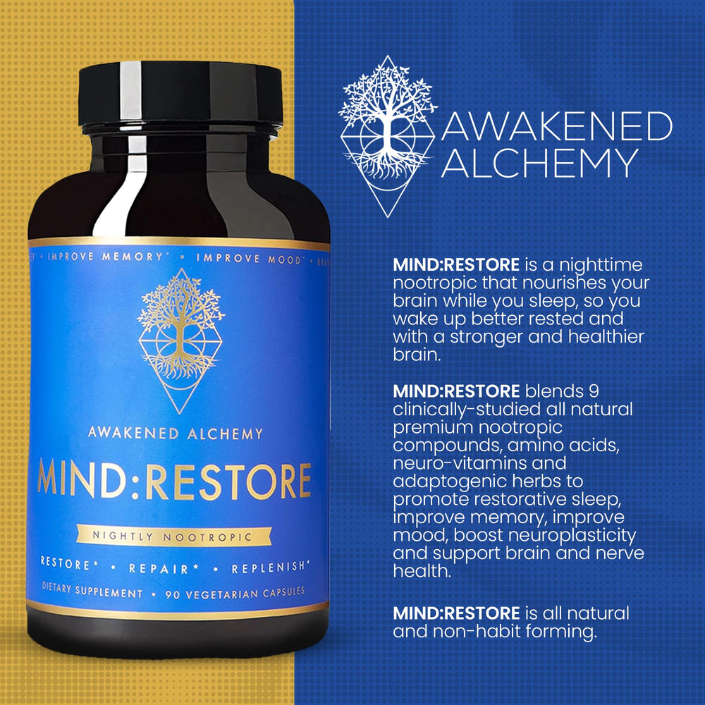 Packaging flatlay of Awakened Alchemy MIND:RESTORE for product context