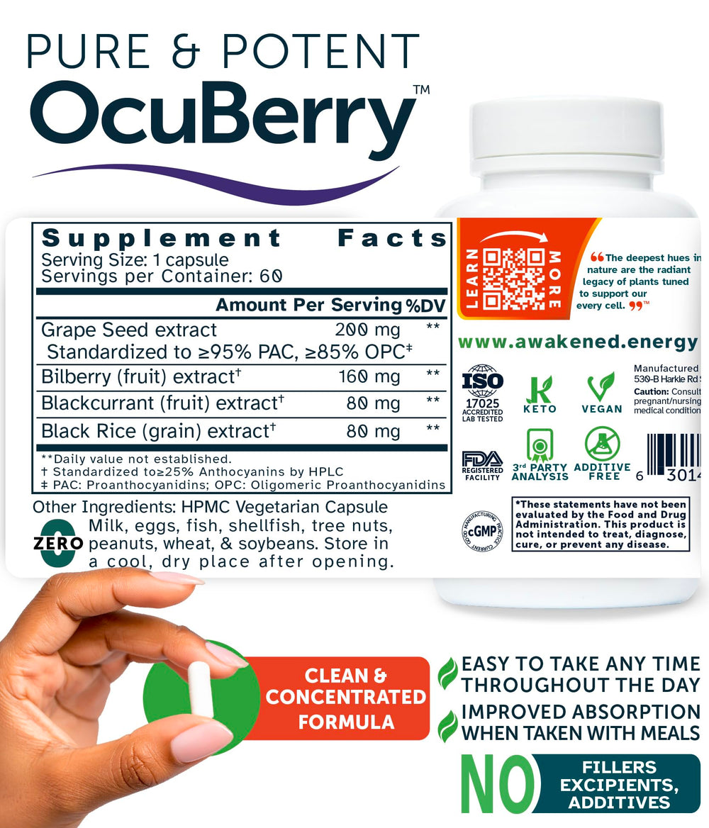 Awakened.energy OcuBerry label showcasing no fillers or artificial additives