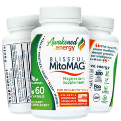 Awakened.energy Blissful MitoMAG bottle pour for calming sleep and steady energy.