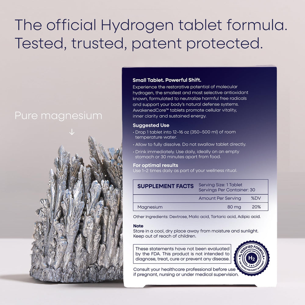 AwakenedCore Hydrogen Tablets dissolving in water for clean, refreshing hydration.