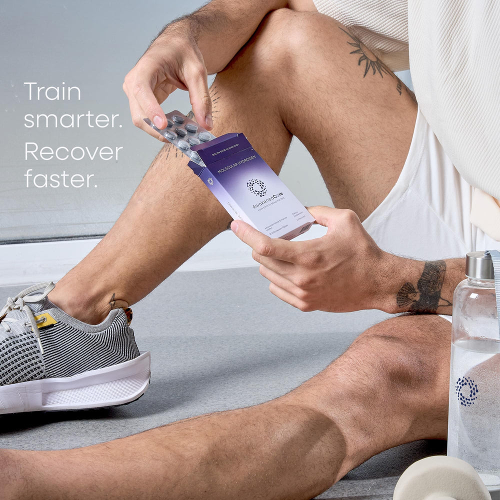 AwakenedCore Hydrogen Tablets labeling highlights NSF and GMP quality assurance.