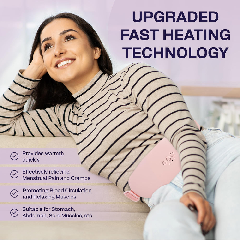 AWD Medical cramps heating pad belt-worn view for secure on-the-go comfort.