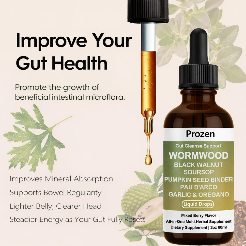 Awjsde Prozen natural ingredient blend showcases wormwood, walnut, clove for digestive wellness.