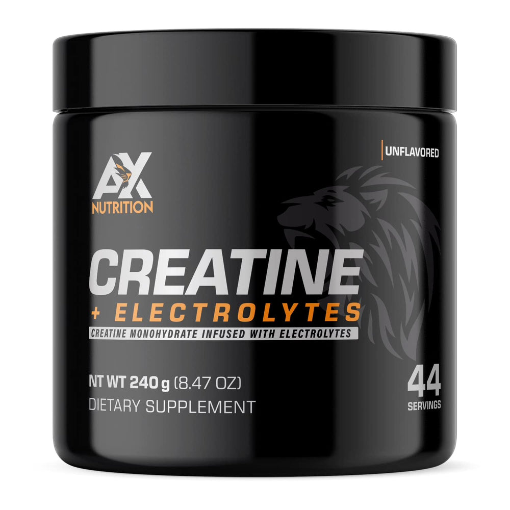 AX Nutrition Creatine Electrolytes front label highlights purity and hydration support for workouts.