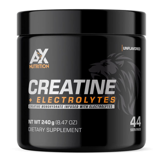 AX Nutrition Creatine Electrolytes front label highlights purity and hydration support for workouts.