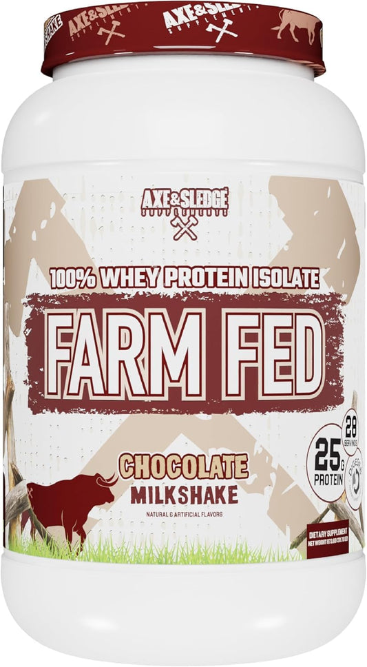 Axe & Sledge Farm Fed bottle label on the protein tub highlights clean, gluten free nutrition.