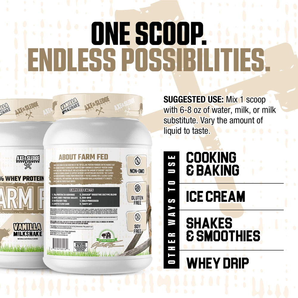 Axe & Sledge Farm Fed gluten-free label signals dietary suitability.