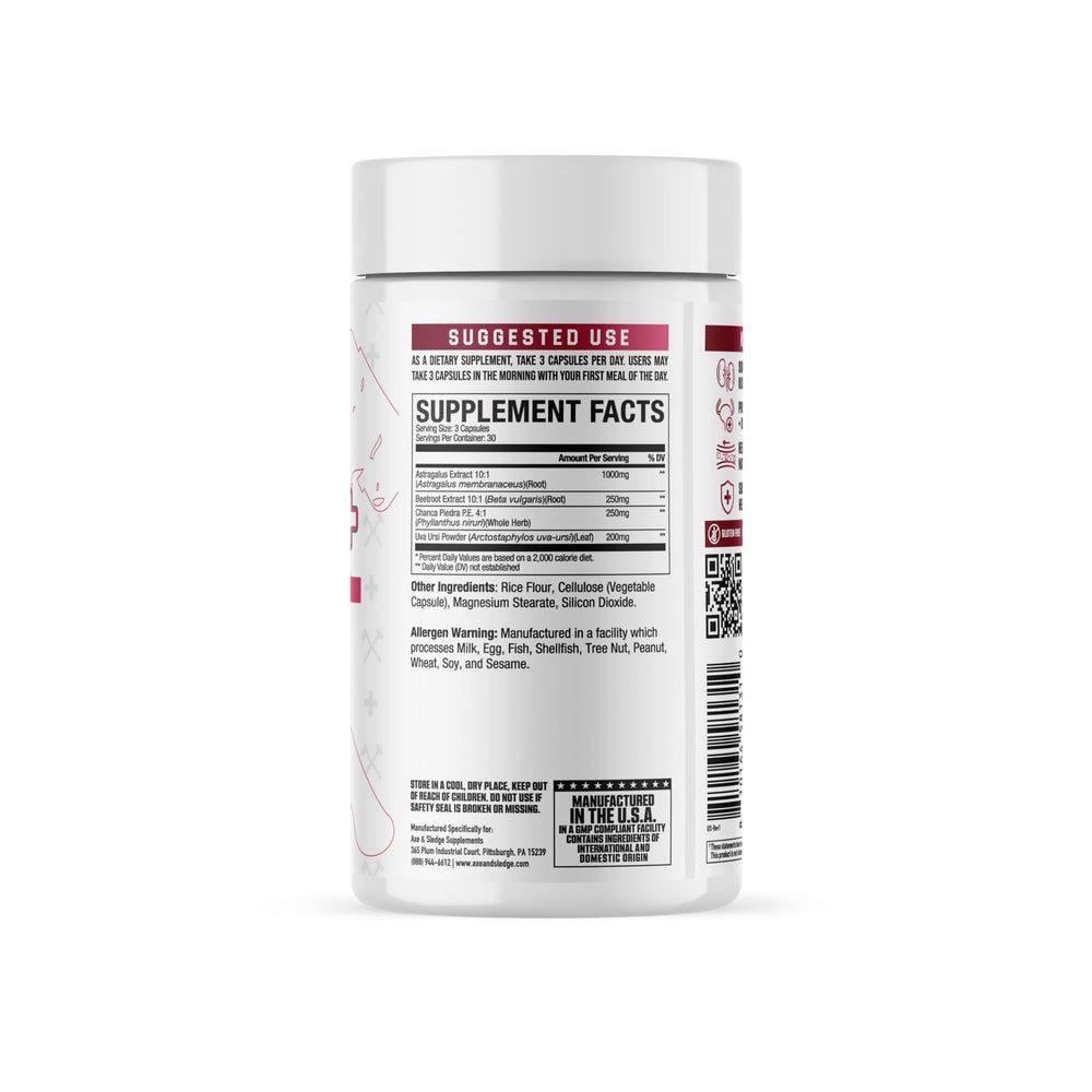 Axe & Sledge Kidney+ capsules close-up highlighting easy daily dose