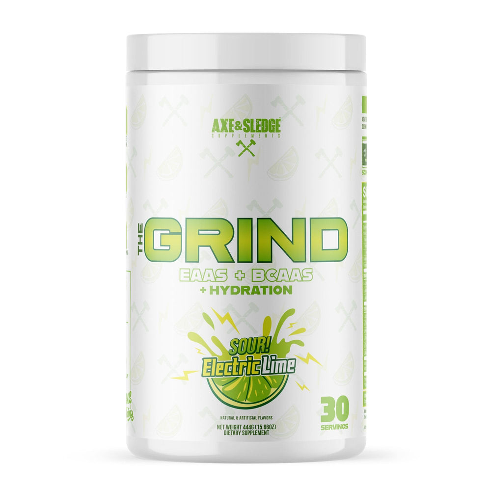 Axe & Sledge The Grind bottle front view highlighting amino acids for recovery support.