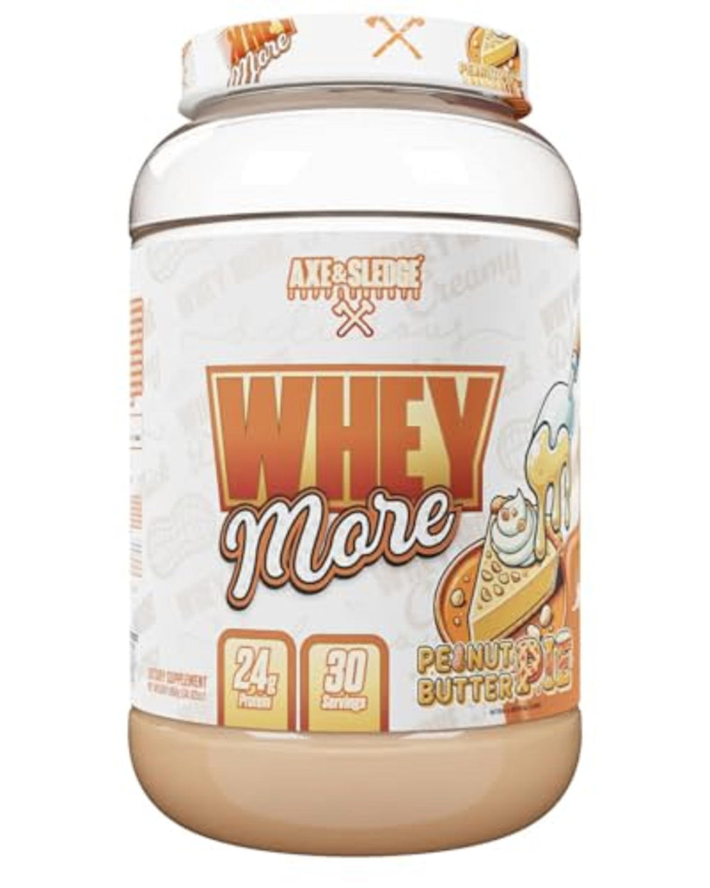 Axe and Sledge WHEY MORE bottle pouring creamy protein shake for satisfying shakes