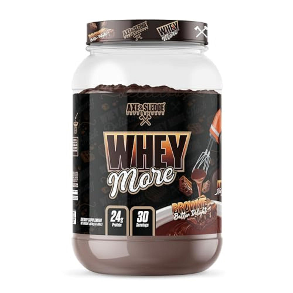 Axe & Sledge WHEY MORE brownie batter powder tub for protein-rich flavor.