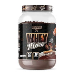 Axe & Sledge WHEY MORE brownie batter powder tub for protein-rich flavor.