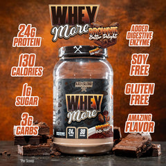 Creamy WHEY MORE shake in a glass shows thick texture and brownie flavor.