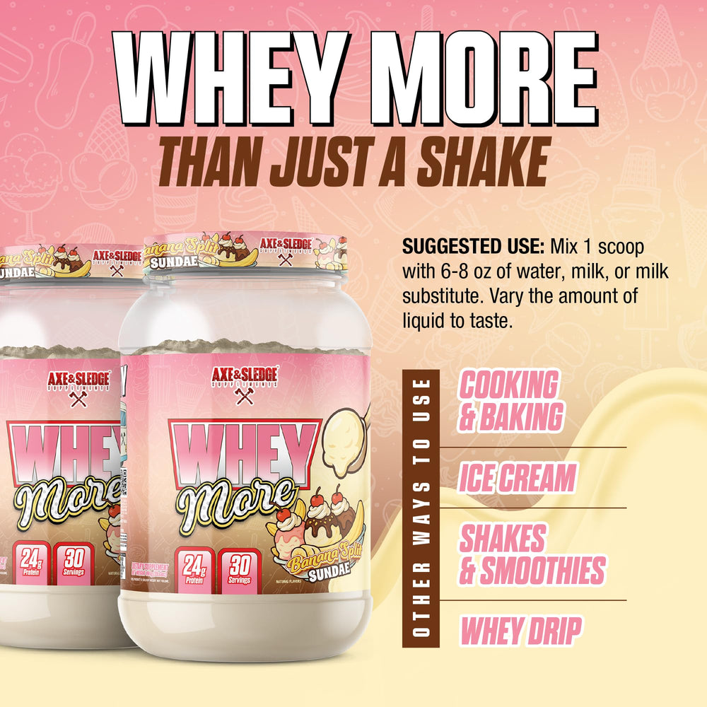 Axe & Sledge Whey More pancakes on a plate showcase protein-rich breakfast.