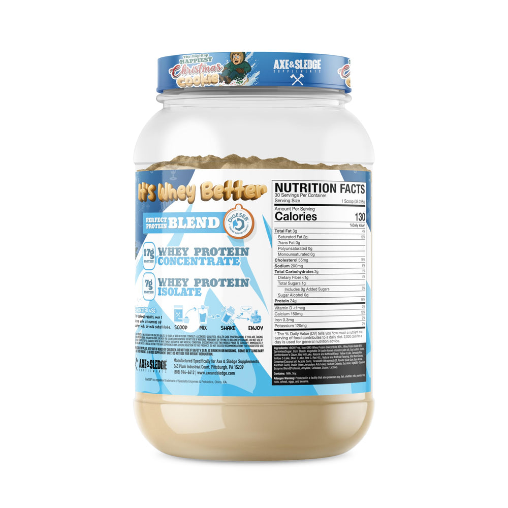 Axe & Sledge WHEY MORE powder bag highlights convenient meal replacement and versatile recipes.