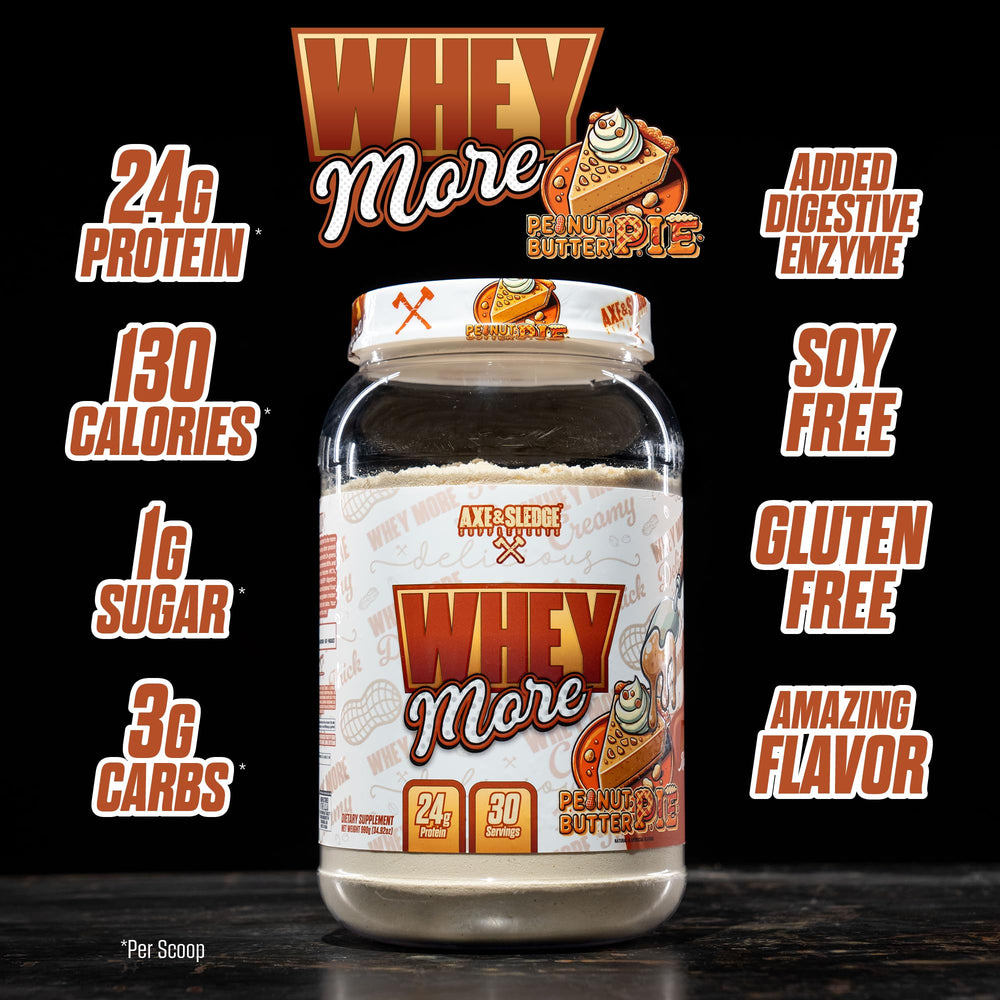 Axe and Sledge WHEY MORE scoop highlighting premium protein blend