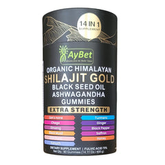 AyBet Shilajit Gold Gummies serving suggestion with glass of water.