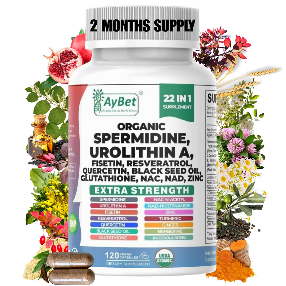AyBet Spermidine Urolithin A bottle showcases organic formula for daily vitality.
