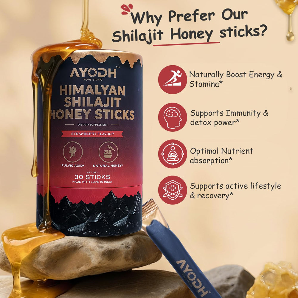 AYODH Himalayan Shilajit Honey Stick in tea image suggests versatile beverage mix.
