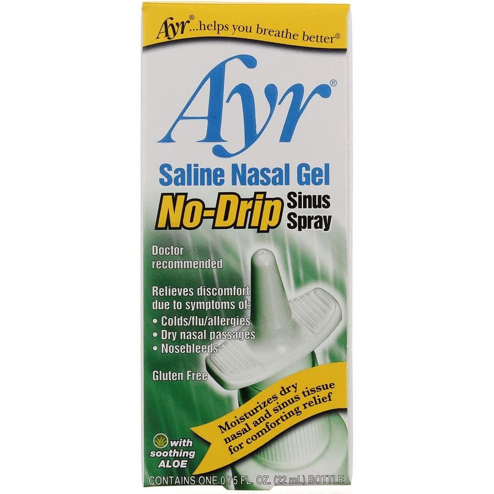 AYR Saline Nasal Gel No-Drip Spray bottle for soothing, long-lasting nasal moisture.