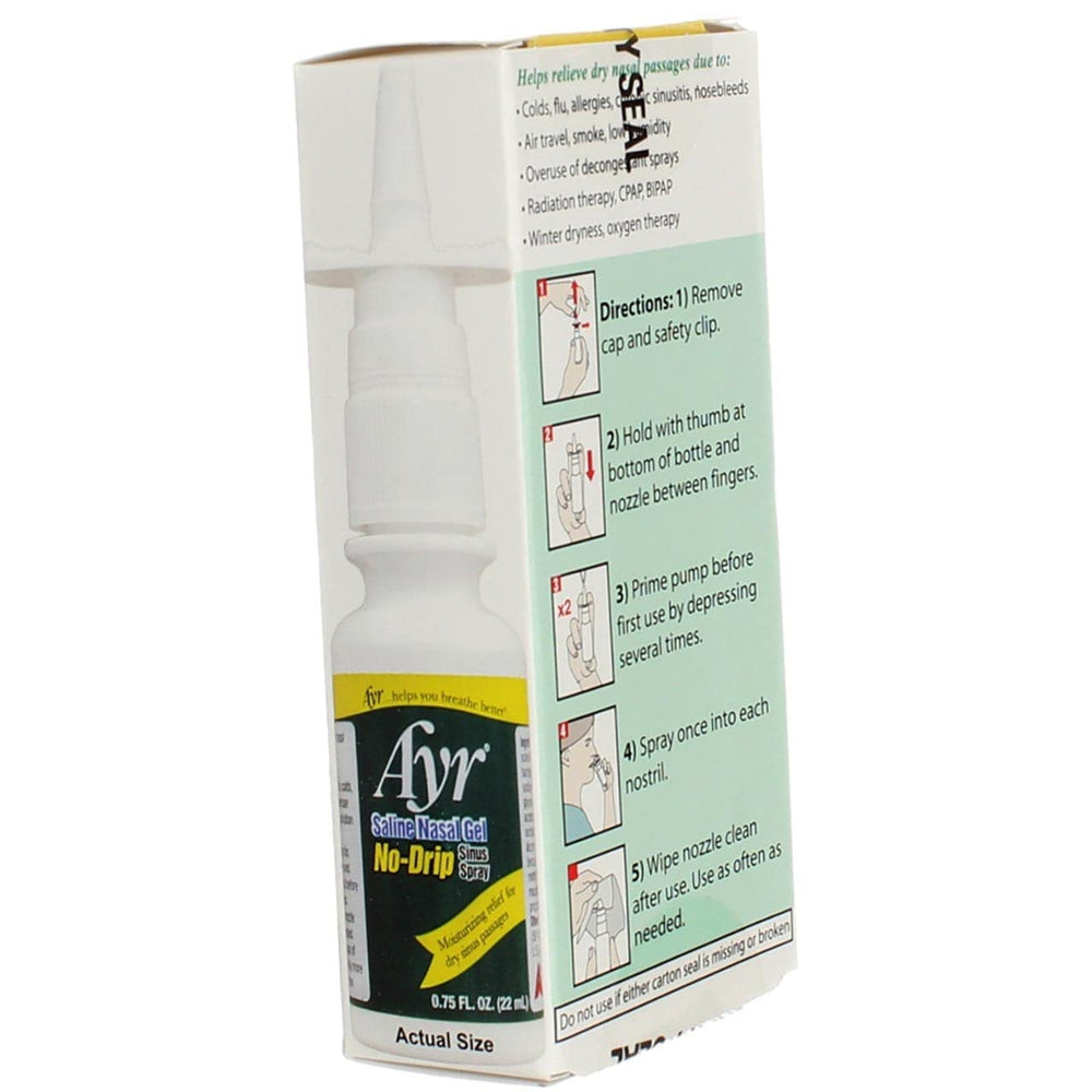 AYR Saline Nasal Gel No-Drip Spray pack showcasing value and convenience.