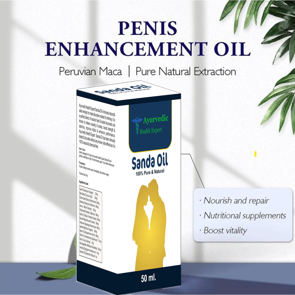 Close-up of AYURVEDIC HEALTH EXPERT Sanda Oil dropper ready for relaxing massage