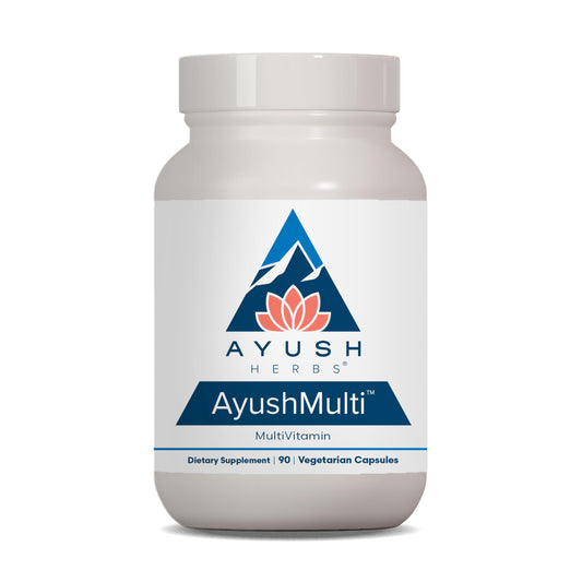 The Ayush Herbs Ayush Multi bottle closeup shows capsules for daily wellness.