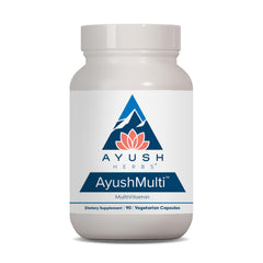 The Ayush Herbs Ayush Multi bottle closeup shows capsules for daily wellness.