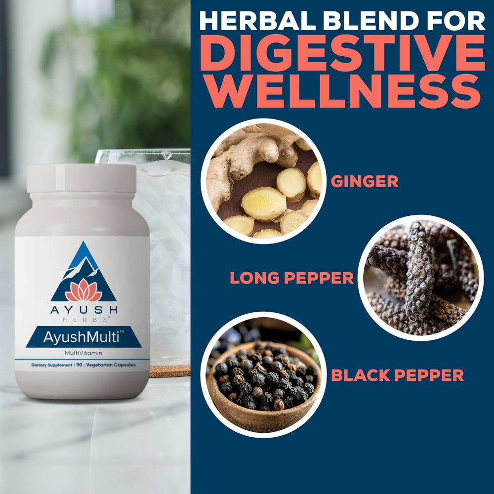 Ayush Multi capsules beside a spoon convey easy daily supplement use.
