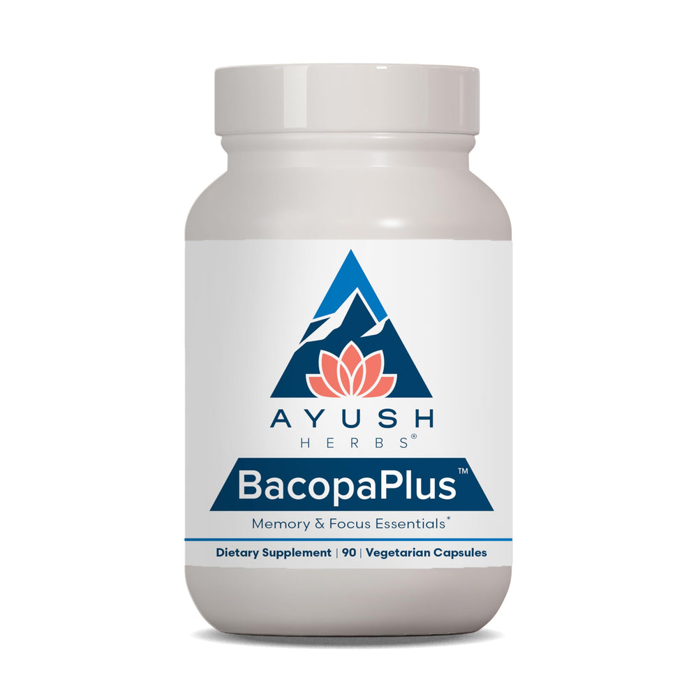 Ayush Herbs BacopaPlus bottle with capsules for focus support and memory support