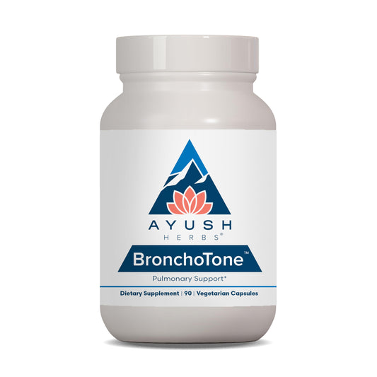 Ayush Herbs Bronchotone bottle supports respiratory comfort with capsules.