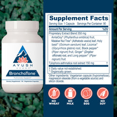 Ayush Herbs Bronchotone label close-up highlights allergen-free formulation.