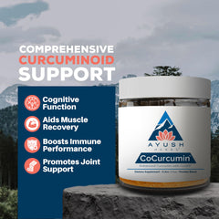 Ayush Herbs CoCurcumin bottle pour — convenient daily dosing with CoQ10